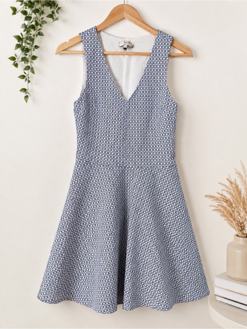 Joie Blue and White Sleeveless V-Neck Fit-and-Flare Dress